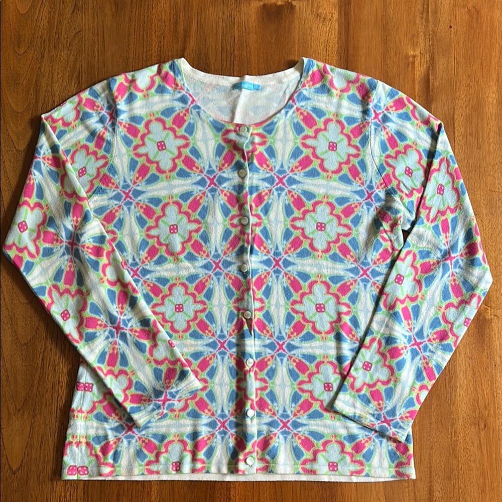 J.McLaughlin Button Front Sweater. Blue/Pink/Lime/White. Size XL.